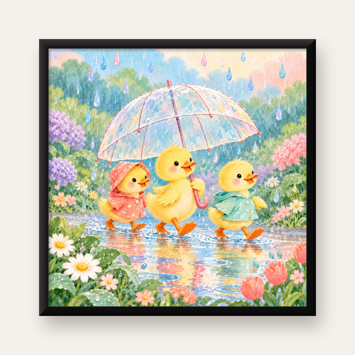 Şirin Yağmurda Yürüyen Ördek Yavruları Pastoral Poster — Kare baskı, düz siyah çerçeveli duvar posteri