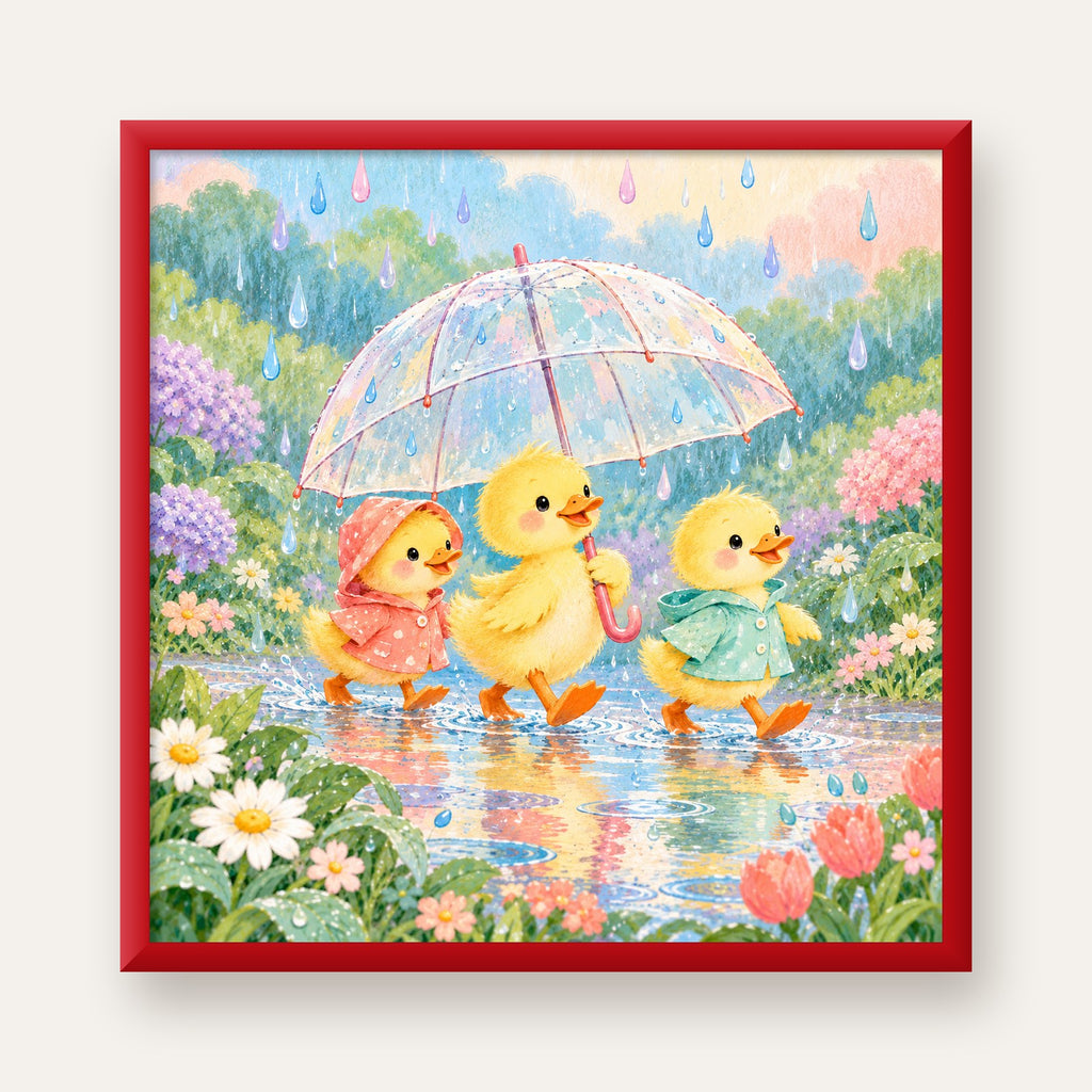 Şirin Yağmurda Yürüyen Ördek Yavruları Pastoral Poster — kırmızı çerçeveli