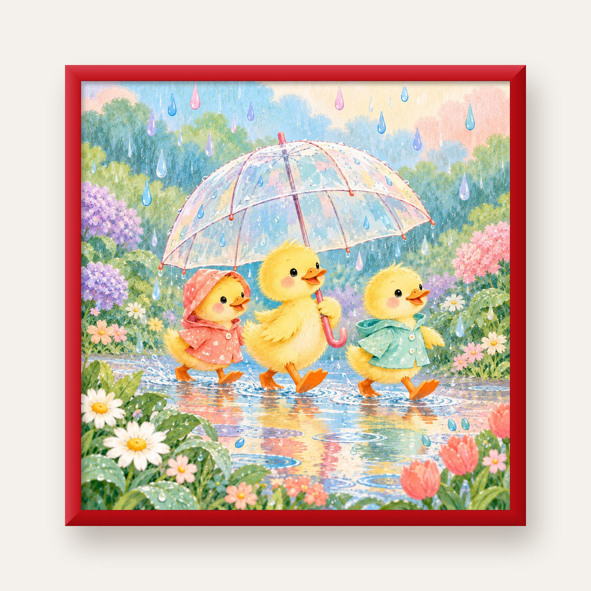 Şirin Yağmurda Yürüyen Ördek Yavruları Pastoral Poster — kırmızı çerçeveli