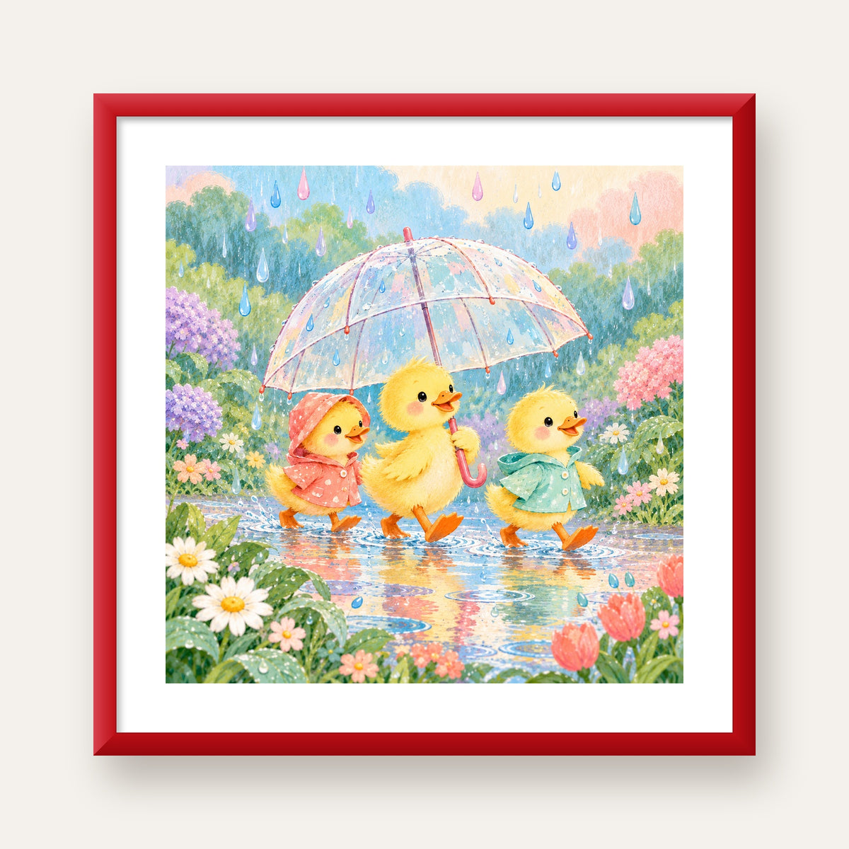 Şirin Yağmurda Yürüyen Ördek Yavruları Pastoral Poster — kırmızı çerçeveli paspartulu