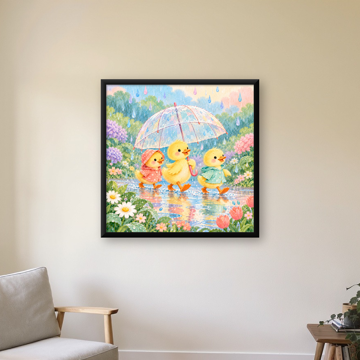 Şirin Yağmurda Yürüyen Ördek Yavruları Pastoral Poster — Kare baskı, çerçeveli hâliyle bir ev duvarında
