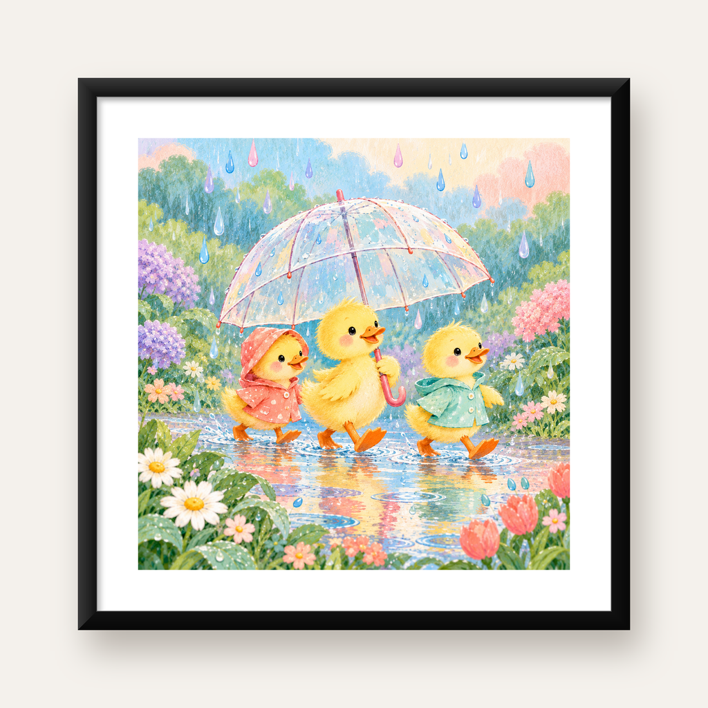 Şirin Yağmurda Yürüyen Ördek Yavruları Pastoral Poster — Kare baskı, beyaz paspartulu