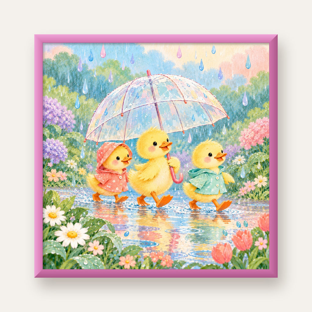Şirin Yağmurda Yürüyen Ördek Yavruları Pastoral Poster — pembe çerçeveli