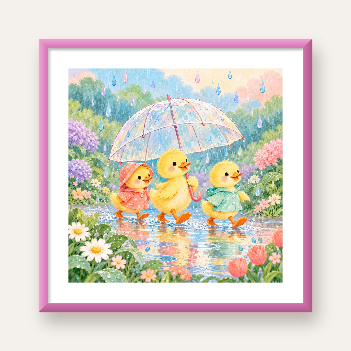 Şirin Yağmurda Yürüyen Ördek Yavruları Pastoral Poster — pembe çerçeveli paspartulu
