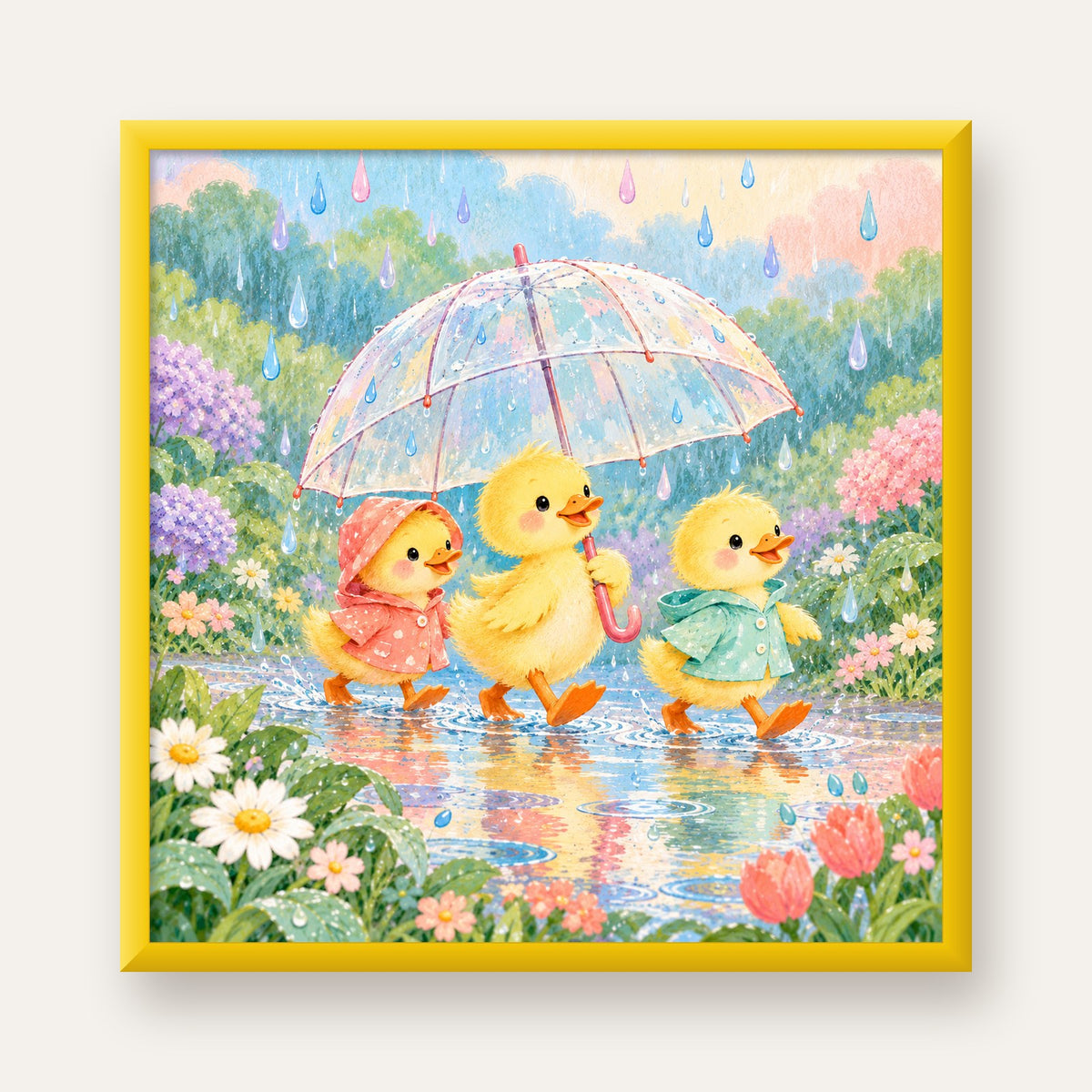Şirin Yağmurda Yürüyen Ördek Yavruları Pastoral Poster — sarı çerçeveli