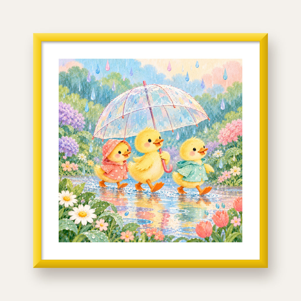 Şirin Yağmurda Yürüyen Ördek Yavruları Pastoral Poster — sarı çerçeveli paspartulu