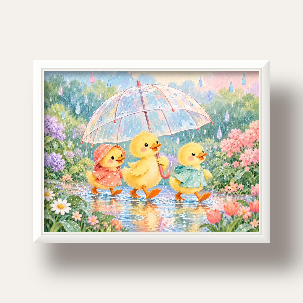 Şirin Yağmurda Yürüyen Ördek Yavruları Pastoral Poster — beyaz derin çerçeveli
