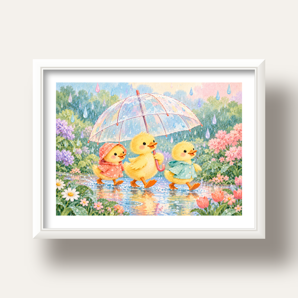 Şirin Yağmurda Yürüyen Ördek Yavruları Pastoral Poster — beyaz derin çerçeveli paspartulu