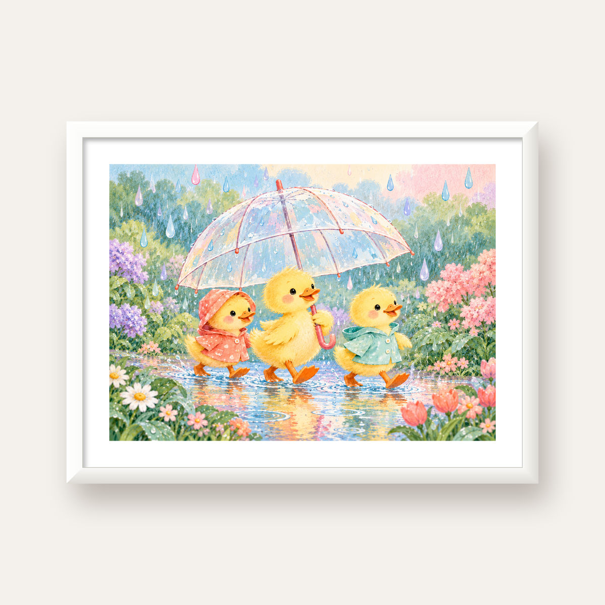 Şirin Yağmurda Yürüyen Ördek Yavruları Pastoral Poster — beyaz çerçeveli yatay poster