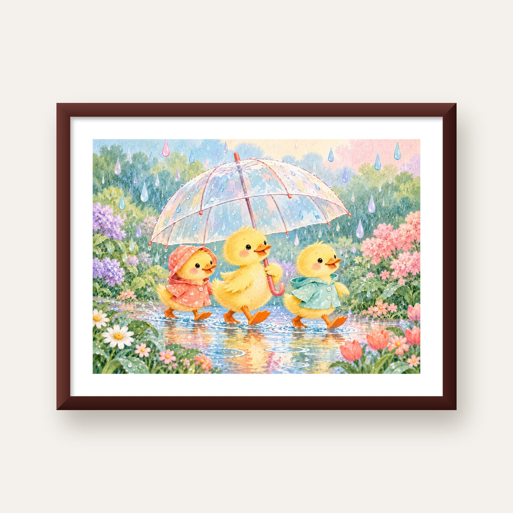 Şirin Yağmurda Yürüyen Ördek Yavruları Pastoral Poster — ceviz çerçeveli paspartulu