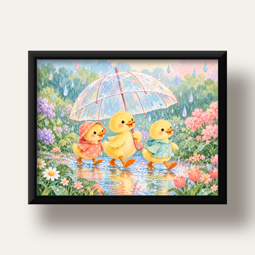 Şirin Yağmurda Yürüyen Ördek Yavruları Pastoral Poster — siyah derin çerçeveli