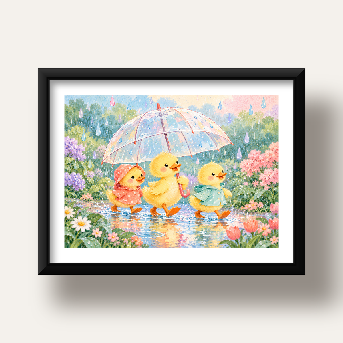 Şirin Yağmurda Yürüyen Ördek Yavruları Pastoral Poster — siyah derin çerçeveli paspartulu