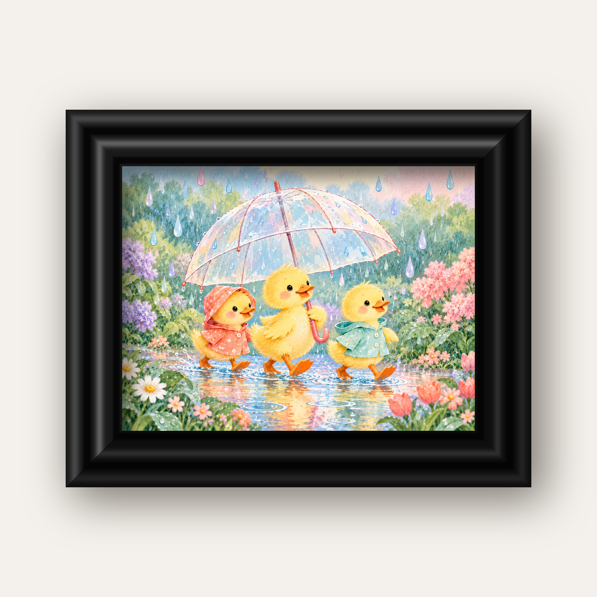 Şirin Yağmurda Yürüyen Ördek Yavruları Pastoral Poster — siyah galeri çerçeveli