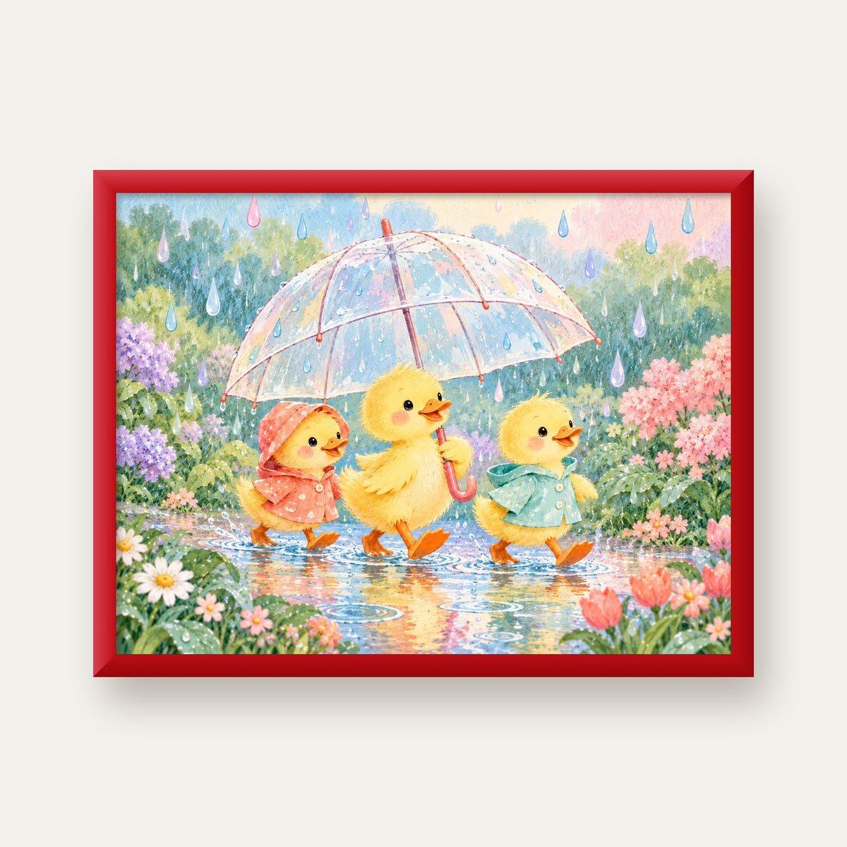 Şirin Yağmurda Yürüyen Ördek Yavruları Pastoral Poster — kırmızı çerçeveli