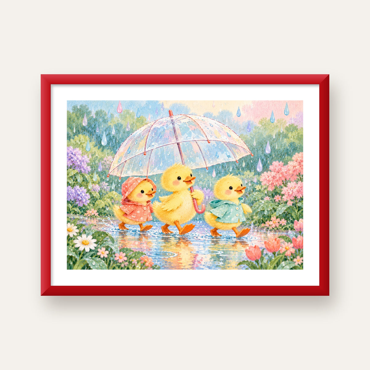 Şirin Yağmurda Yürüyen Ördek Yavruları Pastoral Poster — kırmızı çerçeveli paspartulu