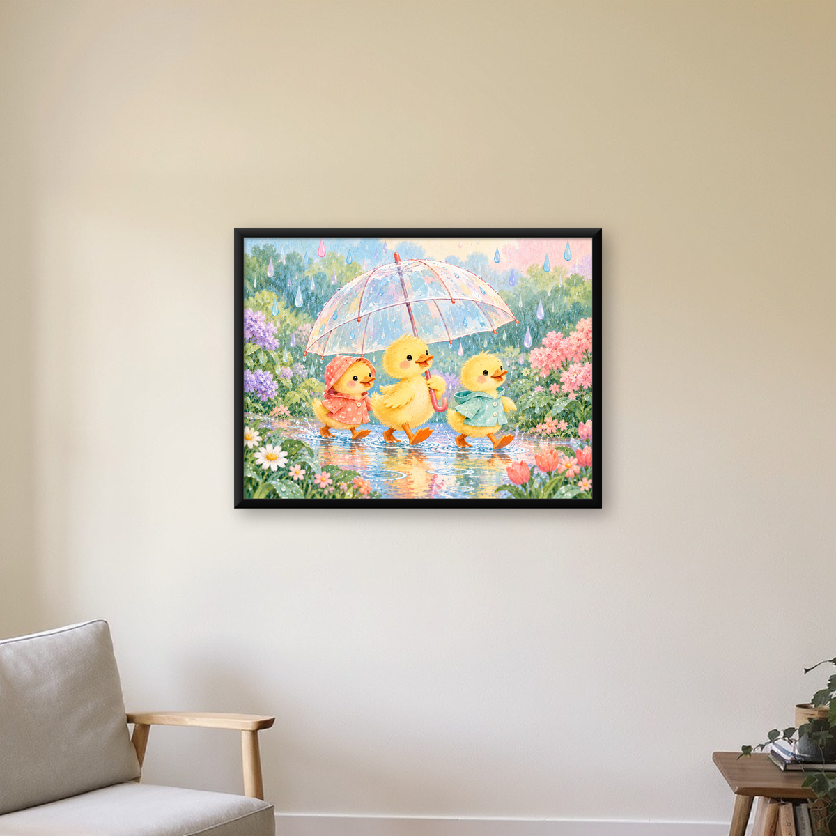 Şirin Yağmurda Yürüyen Ördek Yavruları Pastoral Poster — Yatay baskı, çerçeveli hâliyle bir ev duvarında
