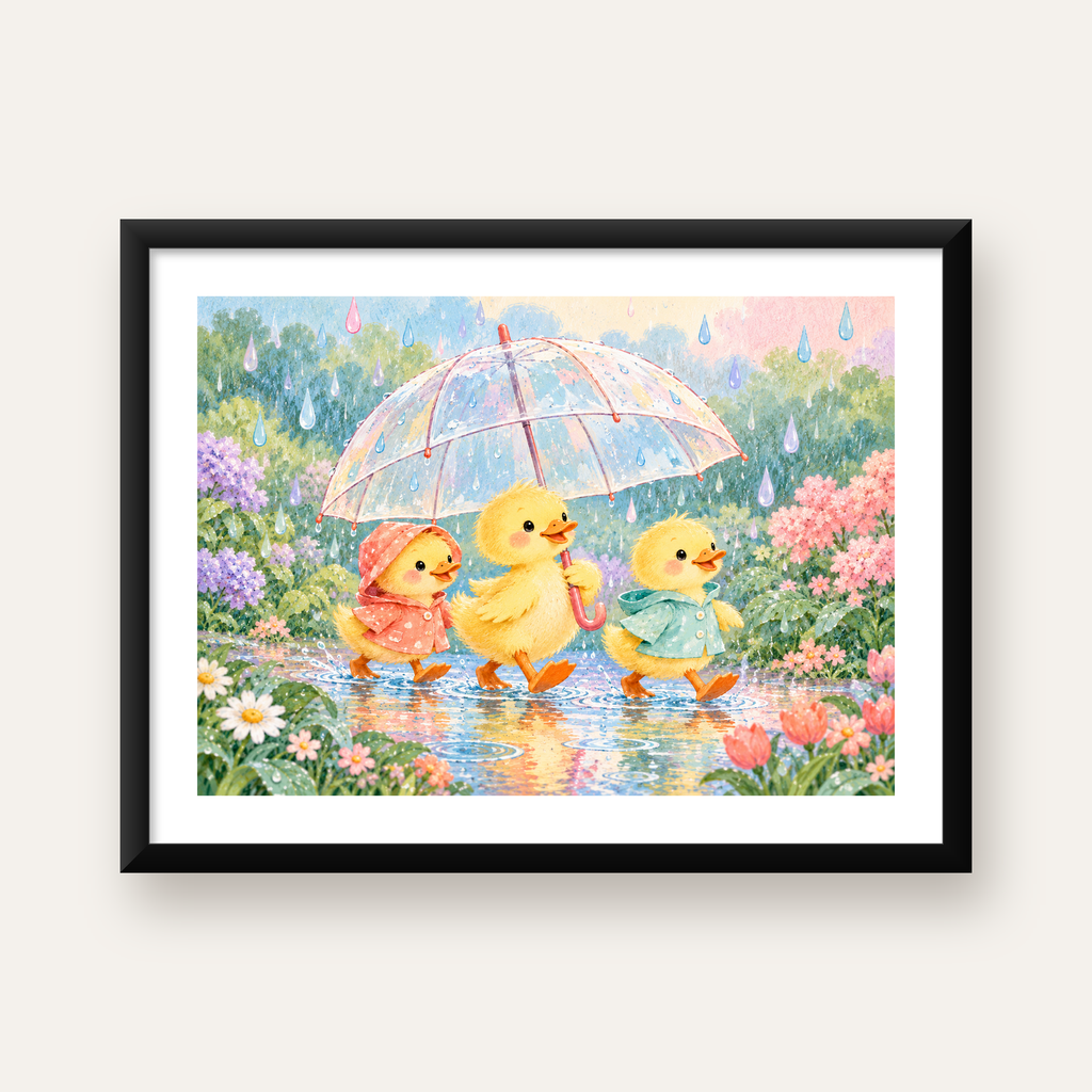 Şirin Yağmurda Yürüyen Ördek Yavruları Pastoral Poster — Yatay baskı, beyaz paspartulu