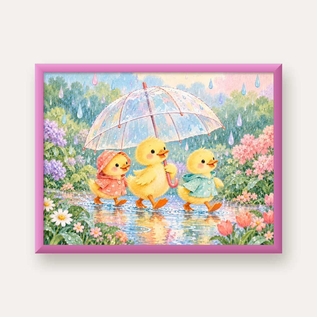 Şirin Yağmurda Yürüyen Ördek Yavruları Pastoral Poster — pembe çerçeveli