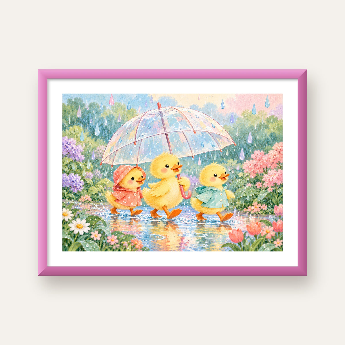 Şirin Yağmurda Yürüyen Ördek Yavruları Pastoral Poster — pembe çerçeveli paspartulu