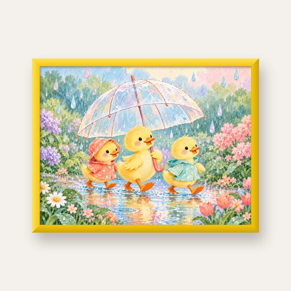 Şirin Yağmurda Yürüyen Ördek Yavruları Pastoral Poster — sarı çerçeveli