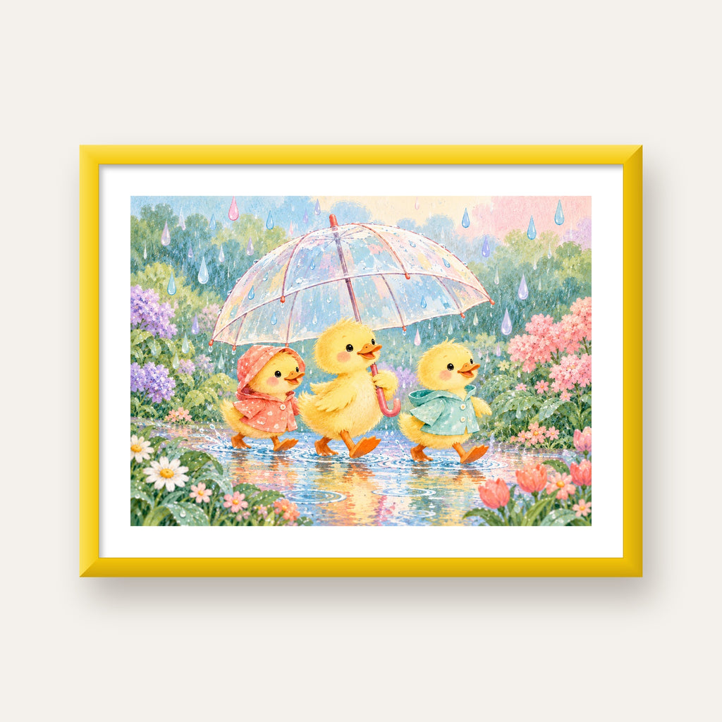 Şirin Yağmurda Yürüyen Ördek Yavruları Pastoral Poster — sarı çerçeveli paspartulu