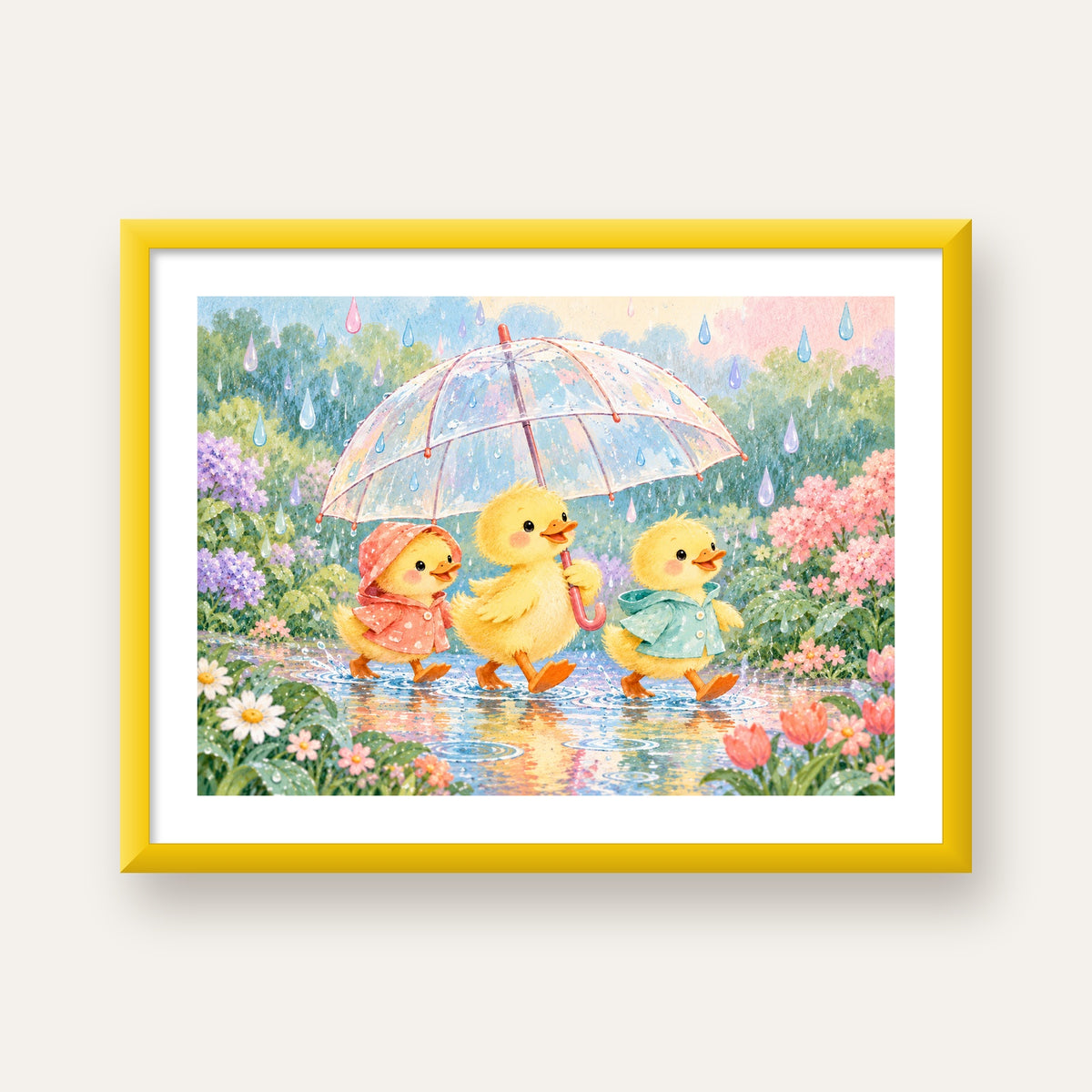 Şirin Yağmurda Yürüyen Ördek Yavruları Pastoral Poster — sarı çerçeveli paspartulu