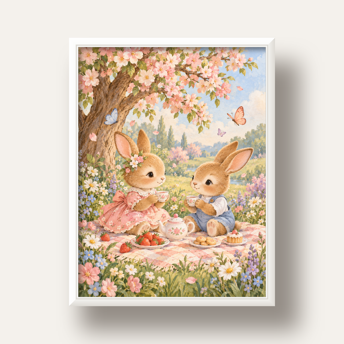 Bahar Pikniğinde Tavşanlar Pastel Poster – Suluboya Duvar Dekoru — beyaz derin çerçeveli