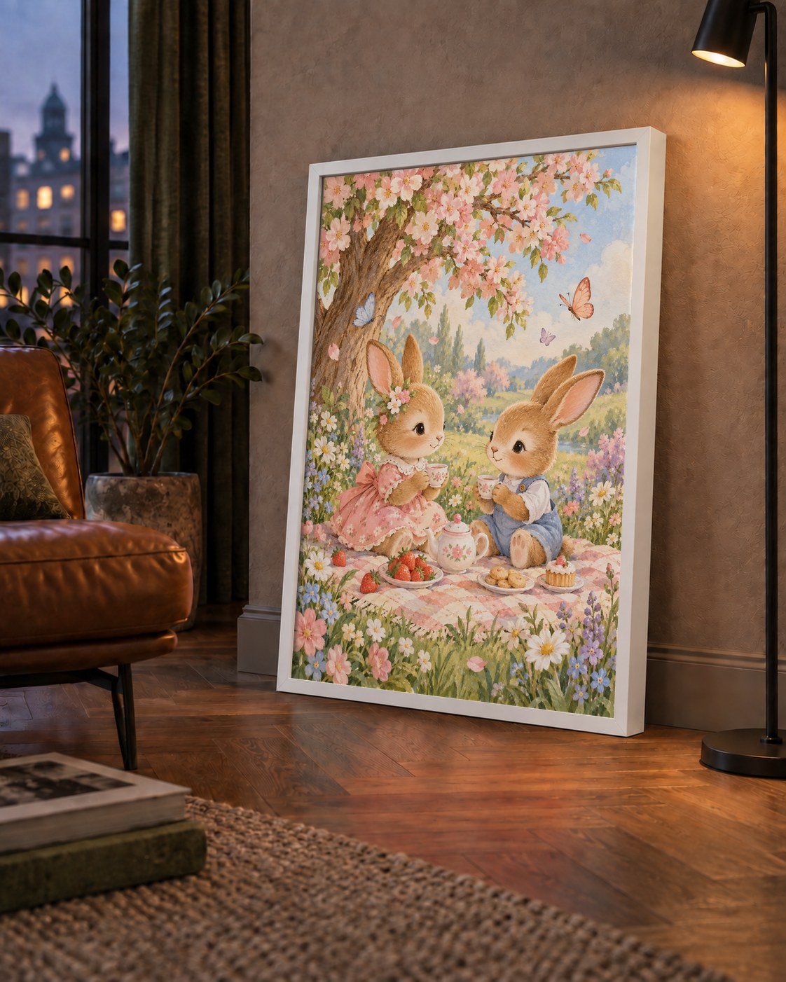Bahar Pikniğinde Tavşanlar Pastel Poster – Suluboya Duvar Dekoru — çerçeveli hâliyle bir ev duvarında