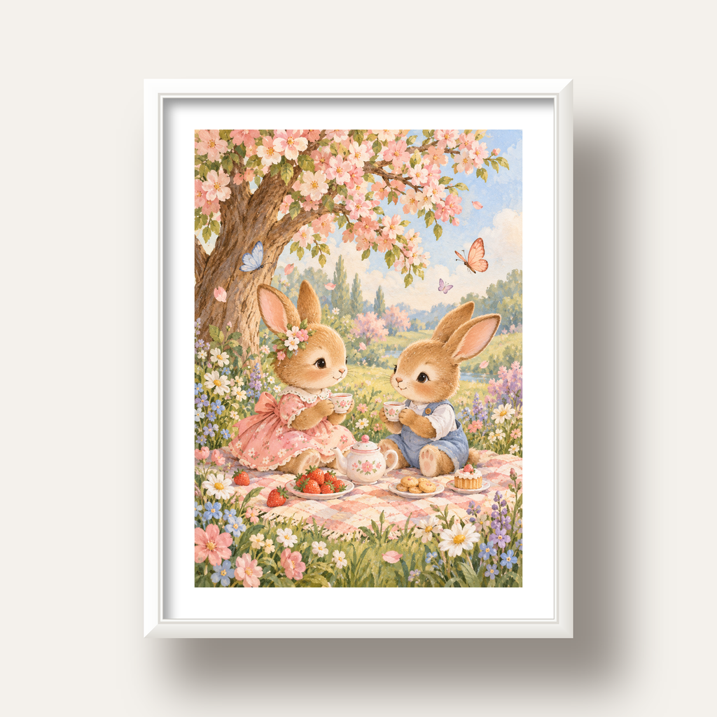 Bahar Pikniğinde Tavşanlar Pastel Poster – Suluboya Duvar Dekoru — beyaz derin çerçeveli paspartulu
