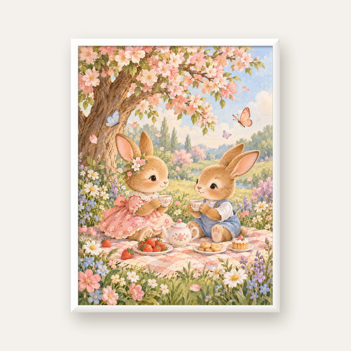 Bahar Pikniğinde Tavşanlar Pastel Poster – Suluboya Duvar Dekoru — beyaz çerçeveli dikey poster