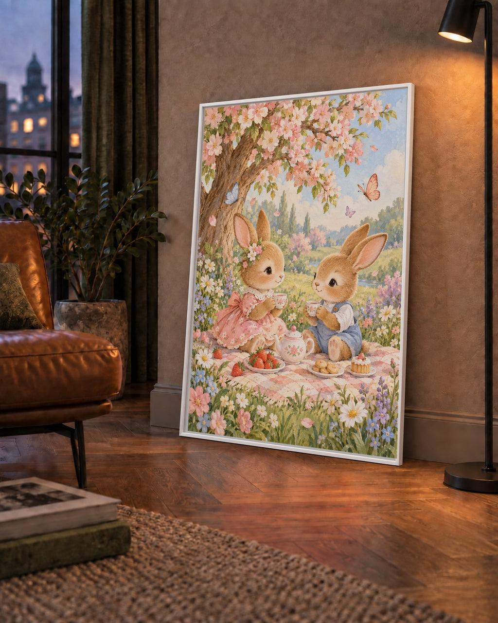 Bahar Pikniğinde Tavşanlar Pastel Poster – Suluboya Duvar Dekoru — çerçeveli hâliyle bir ev duvarında