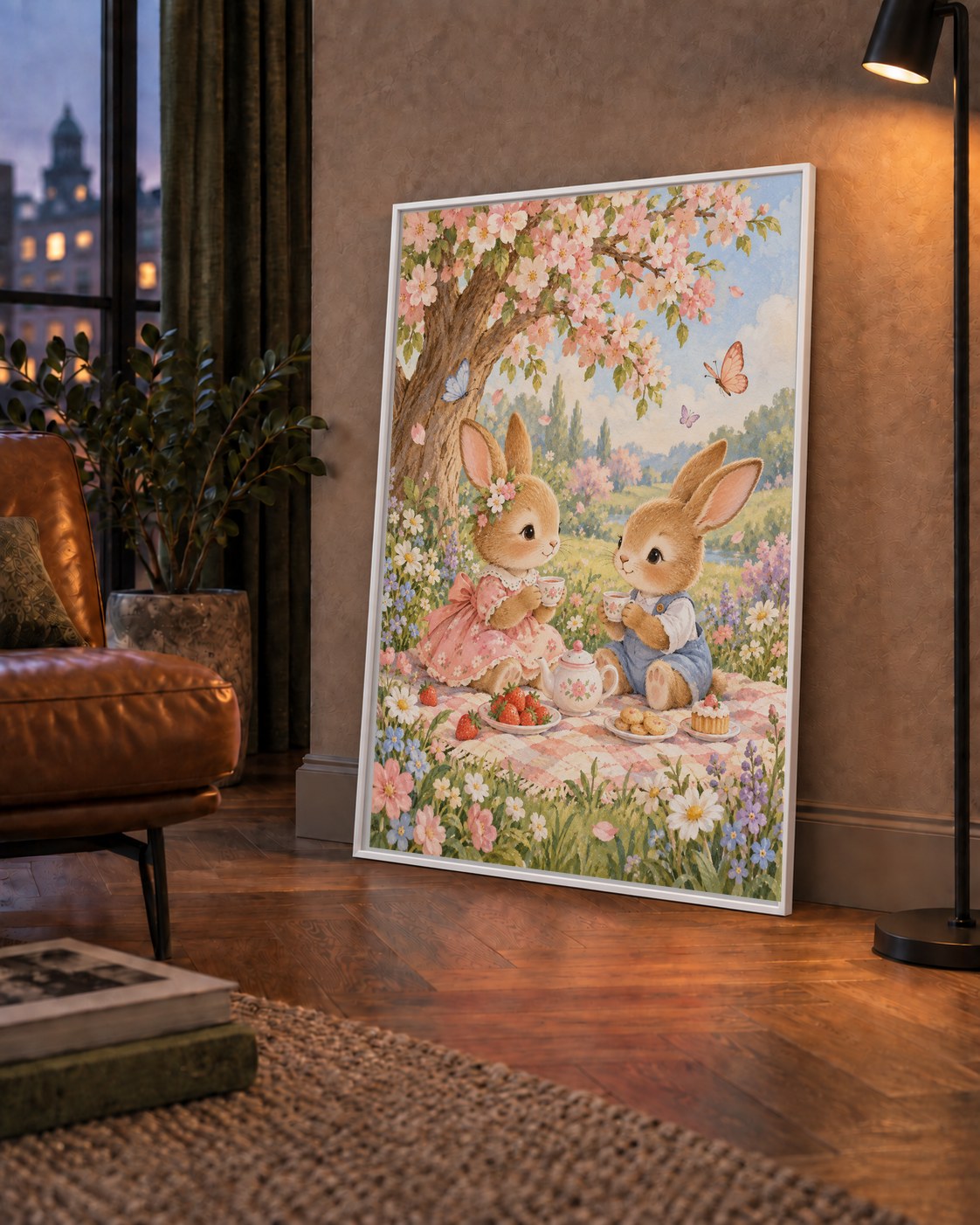 Bahar Pikniğinde Tavşanlar Pastel Poster – Suluboya Duvar Dekoru — çerçeveli hâliyle bir ev duvarında