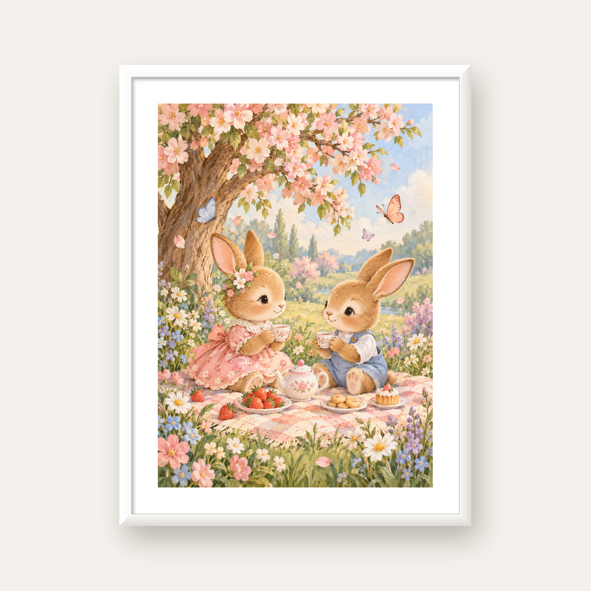 Bahar Pikniğinde Tavşanlar Pastel Poster – Suluboya Duvar Dekoru — beyaz çerçeveli dikey poster