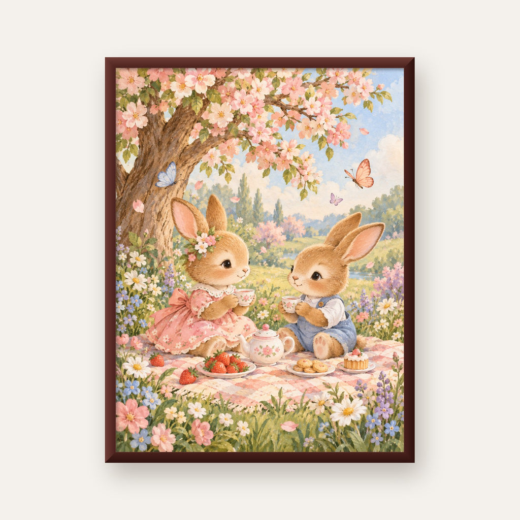 Bahar Pikniğinde Tavşanlar Pastel Poster – Suluboya Duvar Dekoru — ceviz çerçeveli