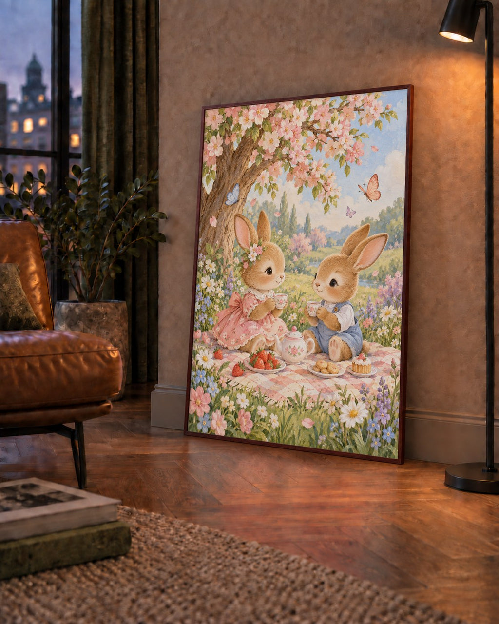 Bahar Pikniğinde Tavşanlar Pastel Poster – Suluboya Duvar Dekoru — çerçeveli hâliyle bir ev duvarında