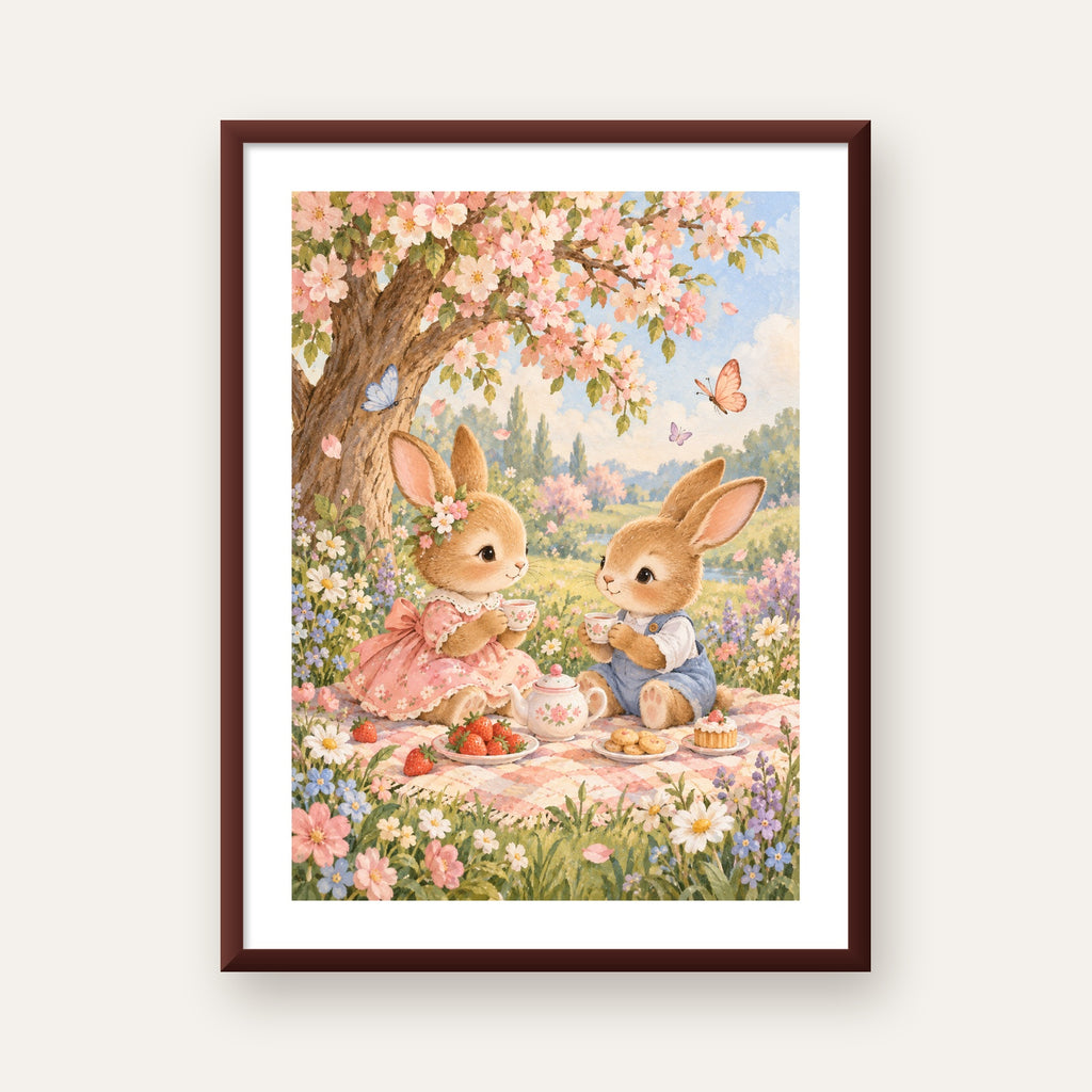 Bahar Pikniğinde Tavşanlar Pastel Poster – Suluboya Duvar Dekoru — ceviz çerçeveli paspartulu