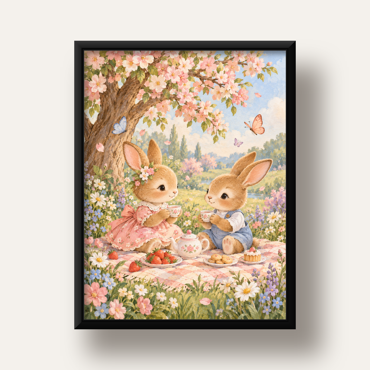 Bahar Pikniğinde Tavşanlar Pastel Poster – Suluboya Duvar Dekoru — siyah derin çerçeveli