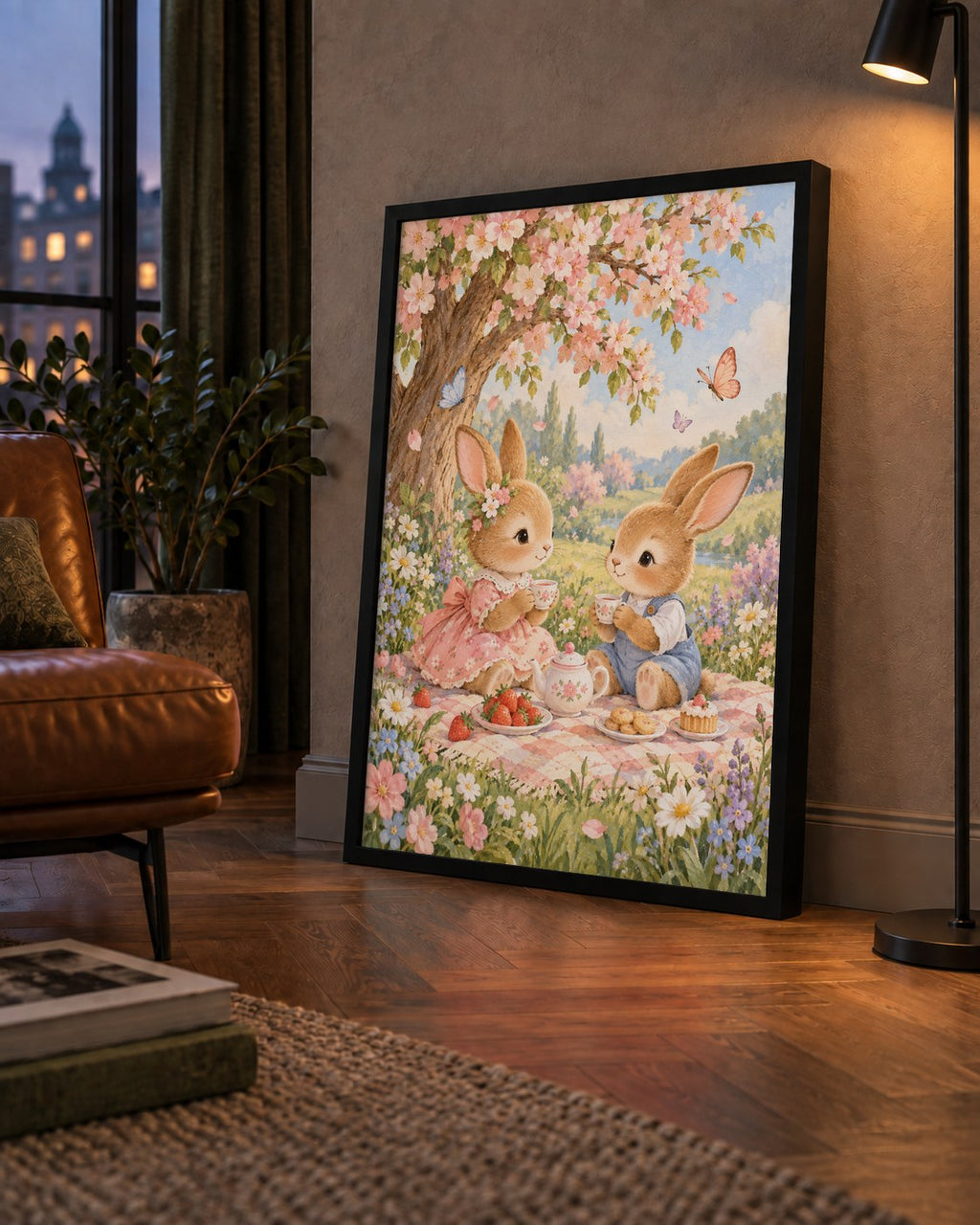 Bahar Pikniğinde Tavşanlar Pastel Poster – Suluboya Duvar Dekoru — çerçeveli hâliyle bir ev duvarında