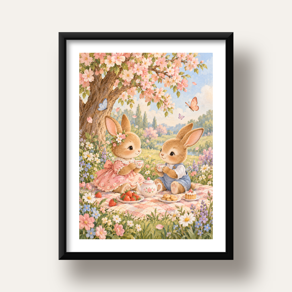 Bahar Pikniğinde Tavşanlar Pastel Poster – Suluboya Duvar Dekoru — siyah derin çerçeveli paspartulu