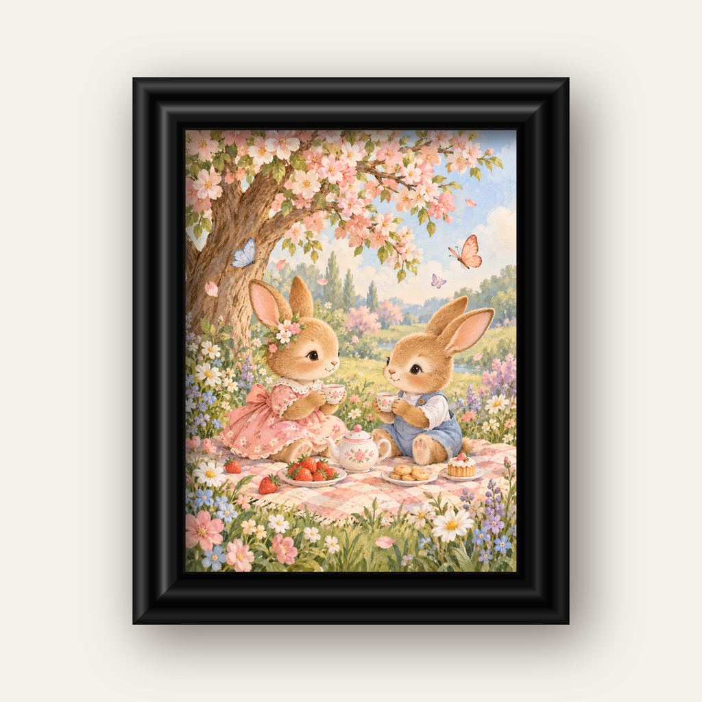 Bahar Pikniğinde Tavşanlar Pastel Poster – Suluboya Duvar Dekoru — siyah galeri çerçeveli