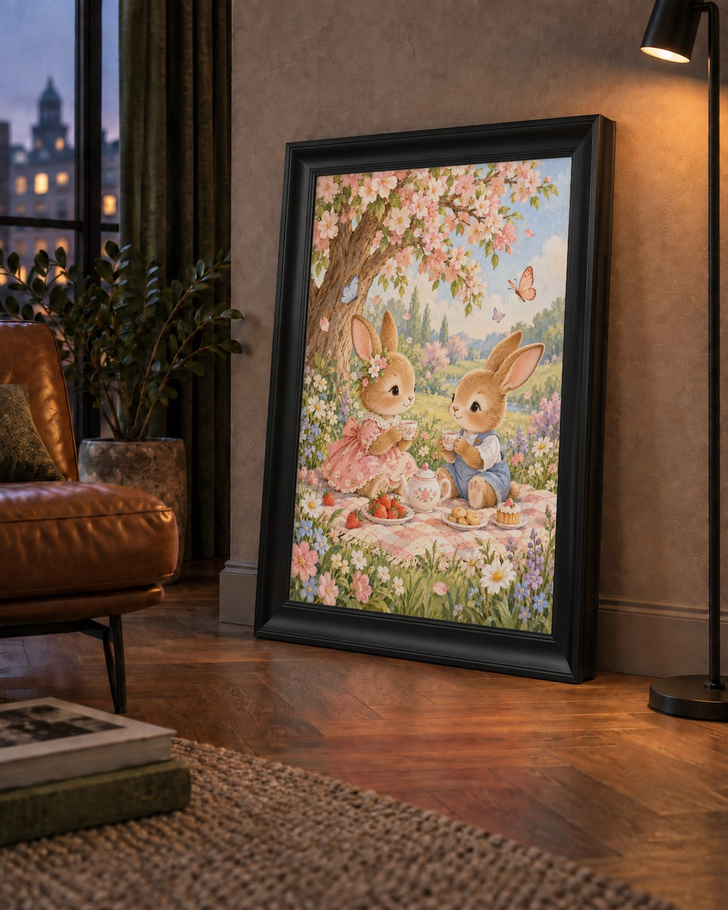 Bahar Pikniğinde Tavşanlar Pastel Poster – Suluboya Duvar Dekoru — çerçeveli hâliyle bir ev duvarında