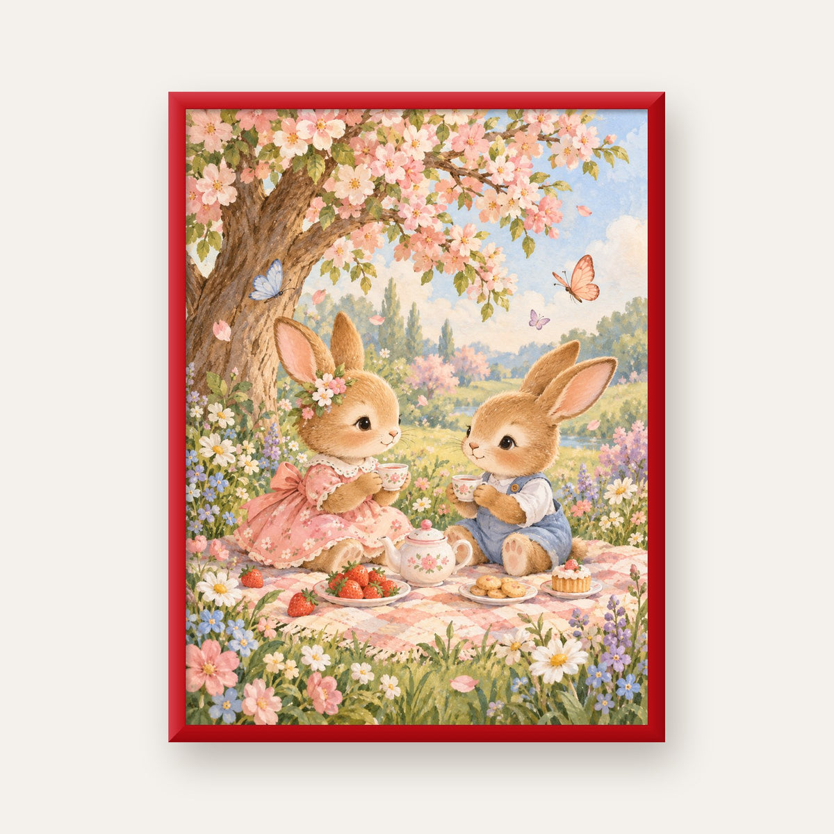 Bahar Pikniğinde Tavşanlar Pastel Poster – Suluboya Duvar Dekoru — kırmızı çerçeveli