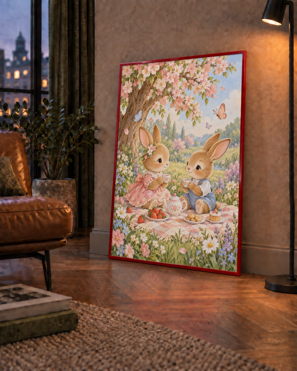 Bahar Pikniğinde Tavşanlar Pastel Poster – Suluboya Duvar Dekoru — çerçeveli hâliyle bir ev duvarında