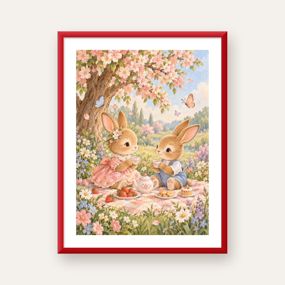 Bahar Pikniğinde Tavşanlar Pastel Poster – Suluboya Duvar Dekoru — kırmızı çerçeveli paspartulu