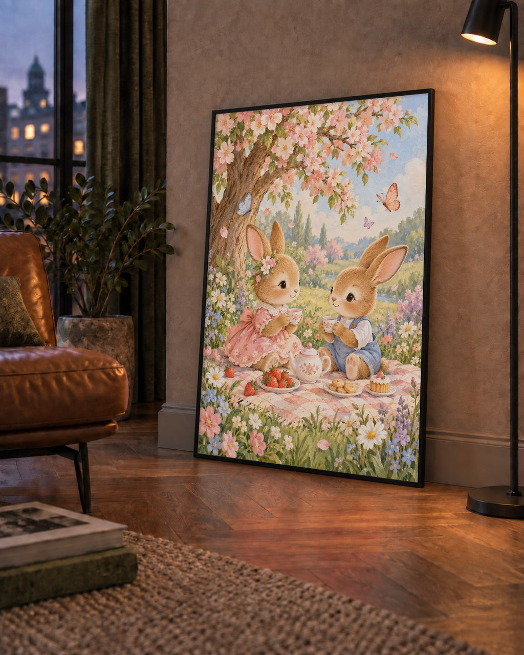 Bahar Pikniğinde Tavşanlar Pastel Poster – Suluboya Duvar Dekoru — çerçeveli hâliyle bir ev duvarında