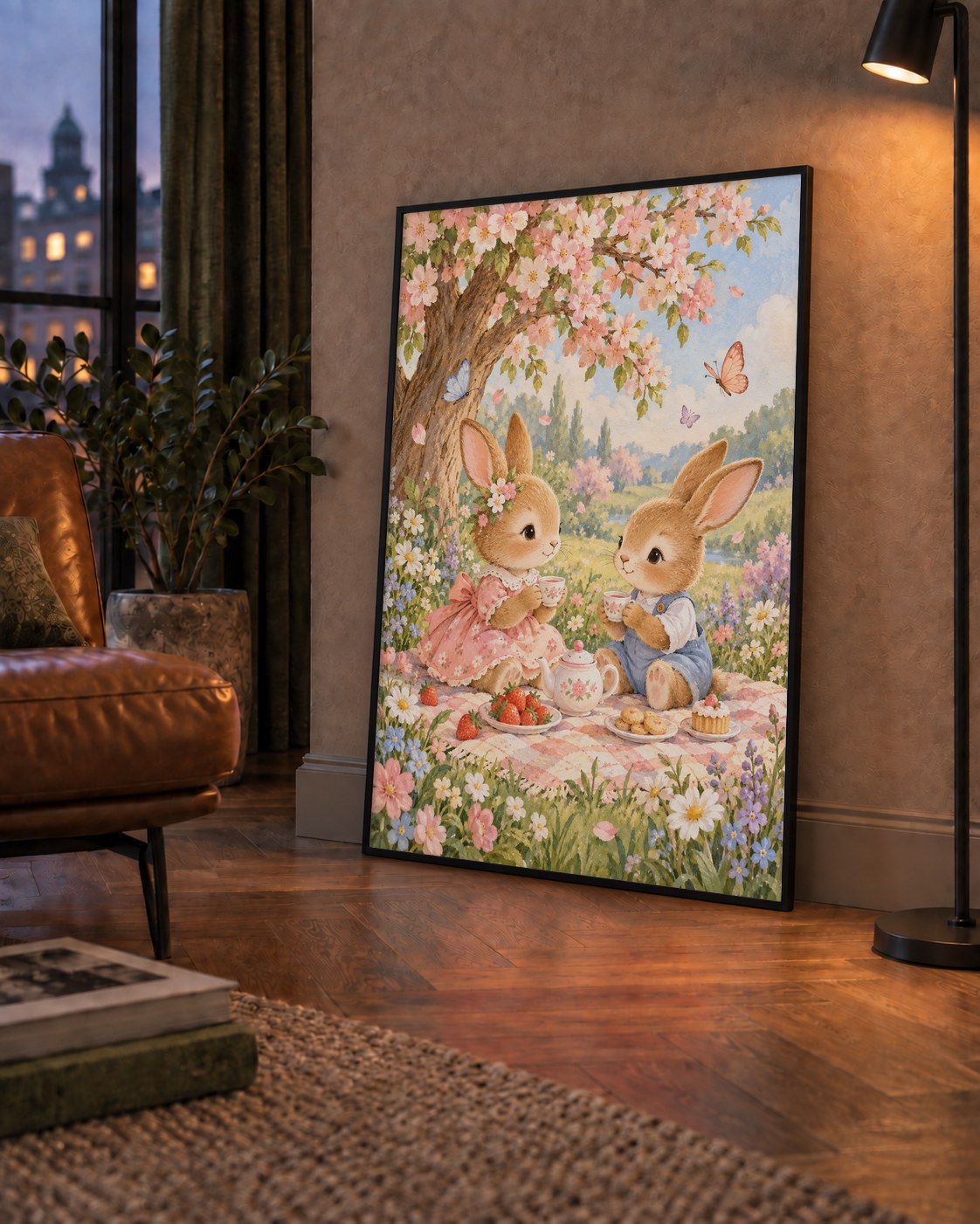Bahar Pikniğinde Tavşanlar Pastel Poster – Suluboya Duvar Dekoru — çerçeveli hâliyle bir ev duvarında