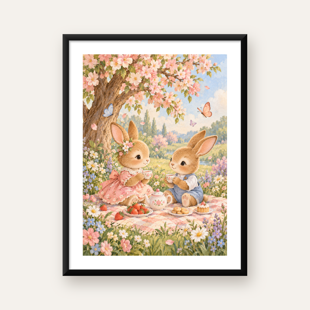 Bahar Pikniğinde Tavşanlar Pastel Poster – Suluboya Duvar Dekoru — Dikey baskı, beyaz paspartulu