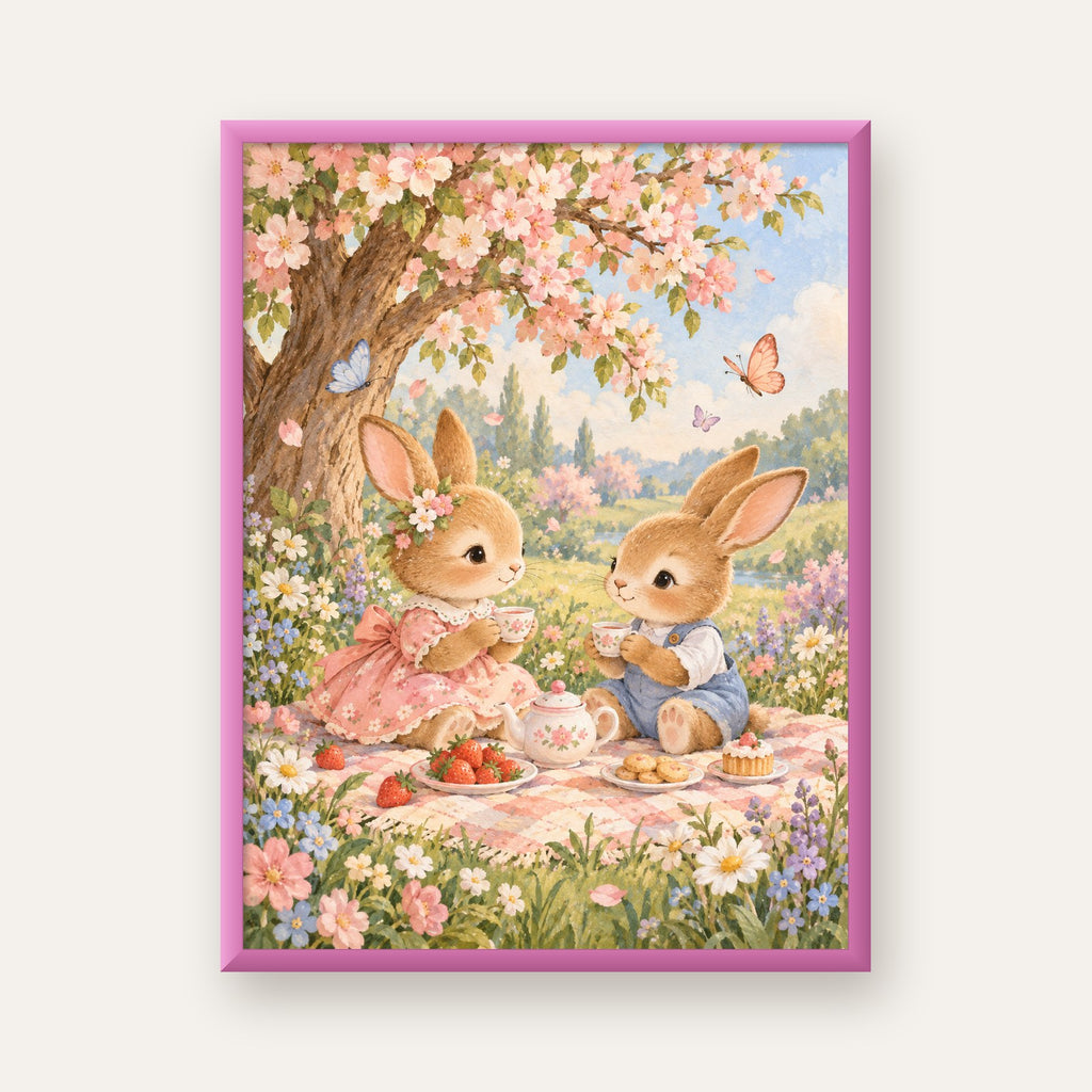 Bahar Pikniğinde Tavşanlar Pastel Poster – Suluboya Duvar Dekoru — pembe çerçeveli