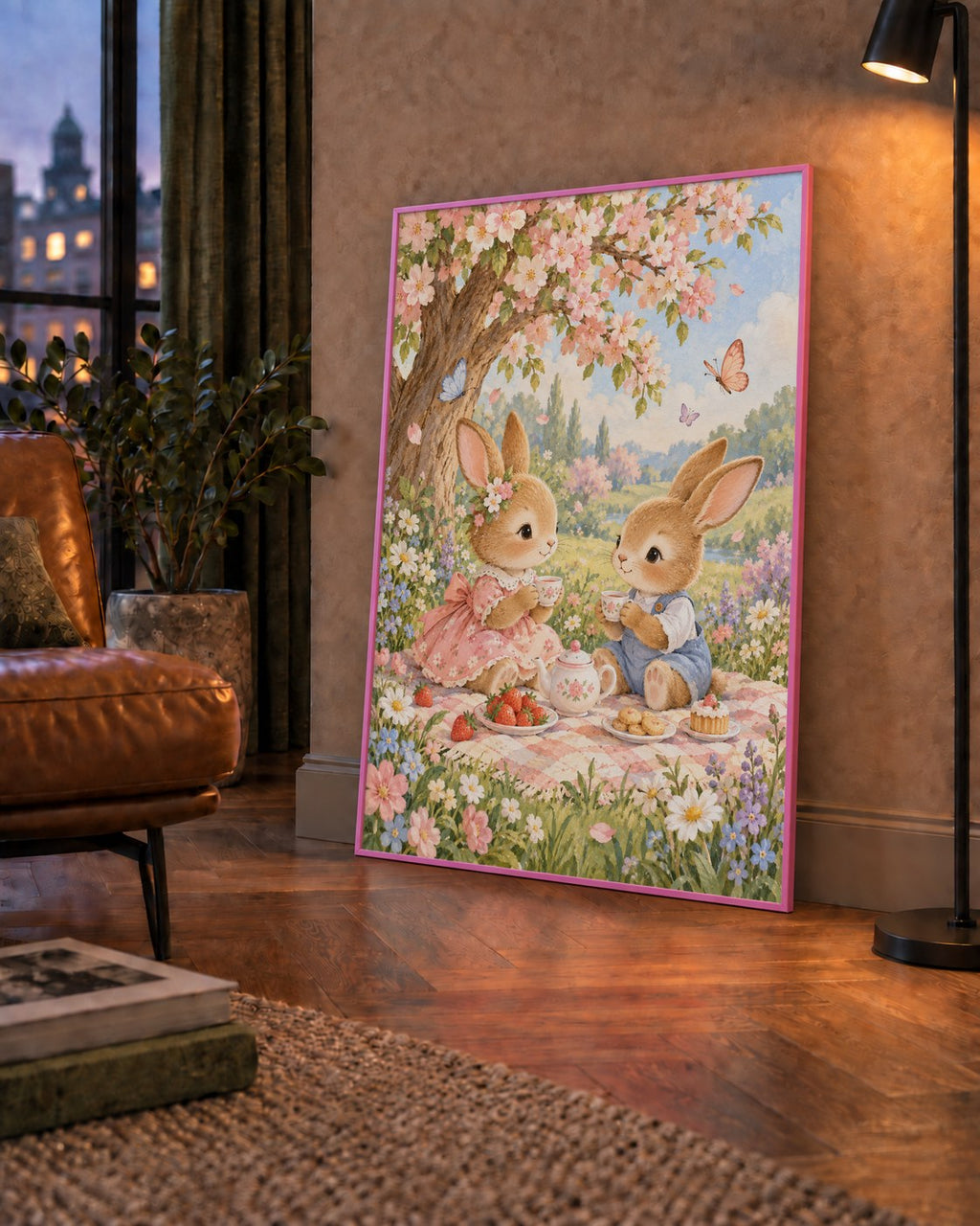 Bahar Pikniğinde Tavşanlar Pastel Poster – Suluboya Duvar Dekoru — çerçeveli hâliyle bir ev duvarında