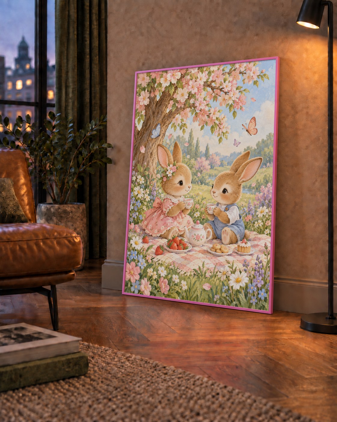 Bahar Pikniğinde Tavşanlar Pastel Poster – Suluboya Duvar Dekoru — çerçeveli hâliyle bir ev duvarında
